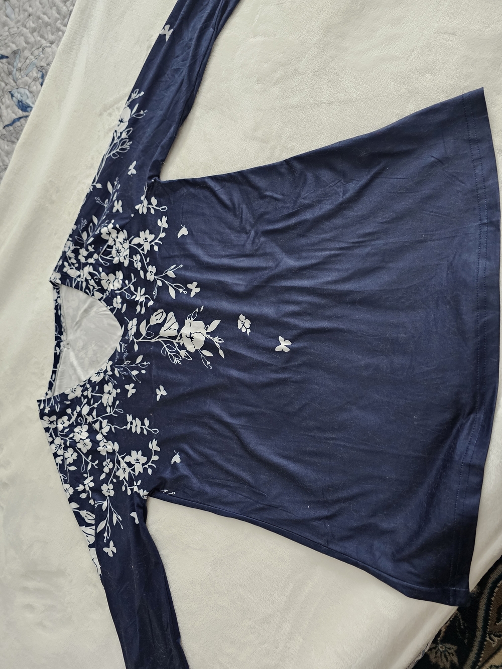 Navy Blue Floral Long Quarter Length Sleeve Top
